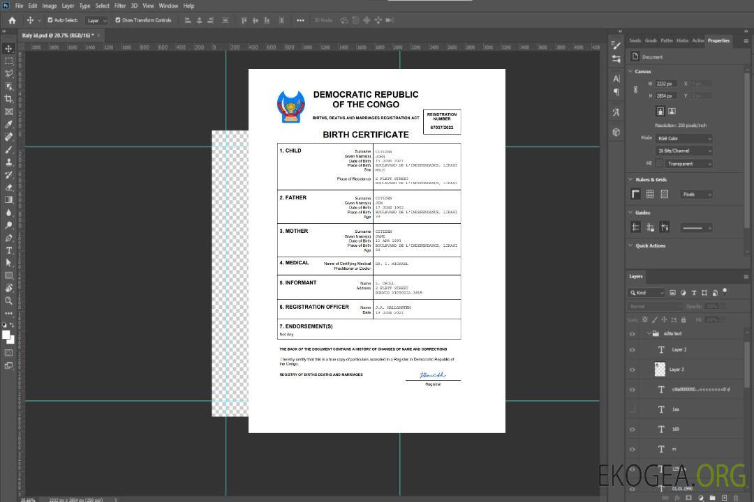 Modèle Word et PDF d'acte de naissance en République démocratique du Congo template